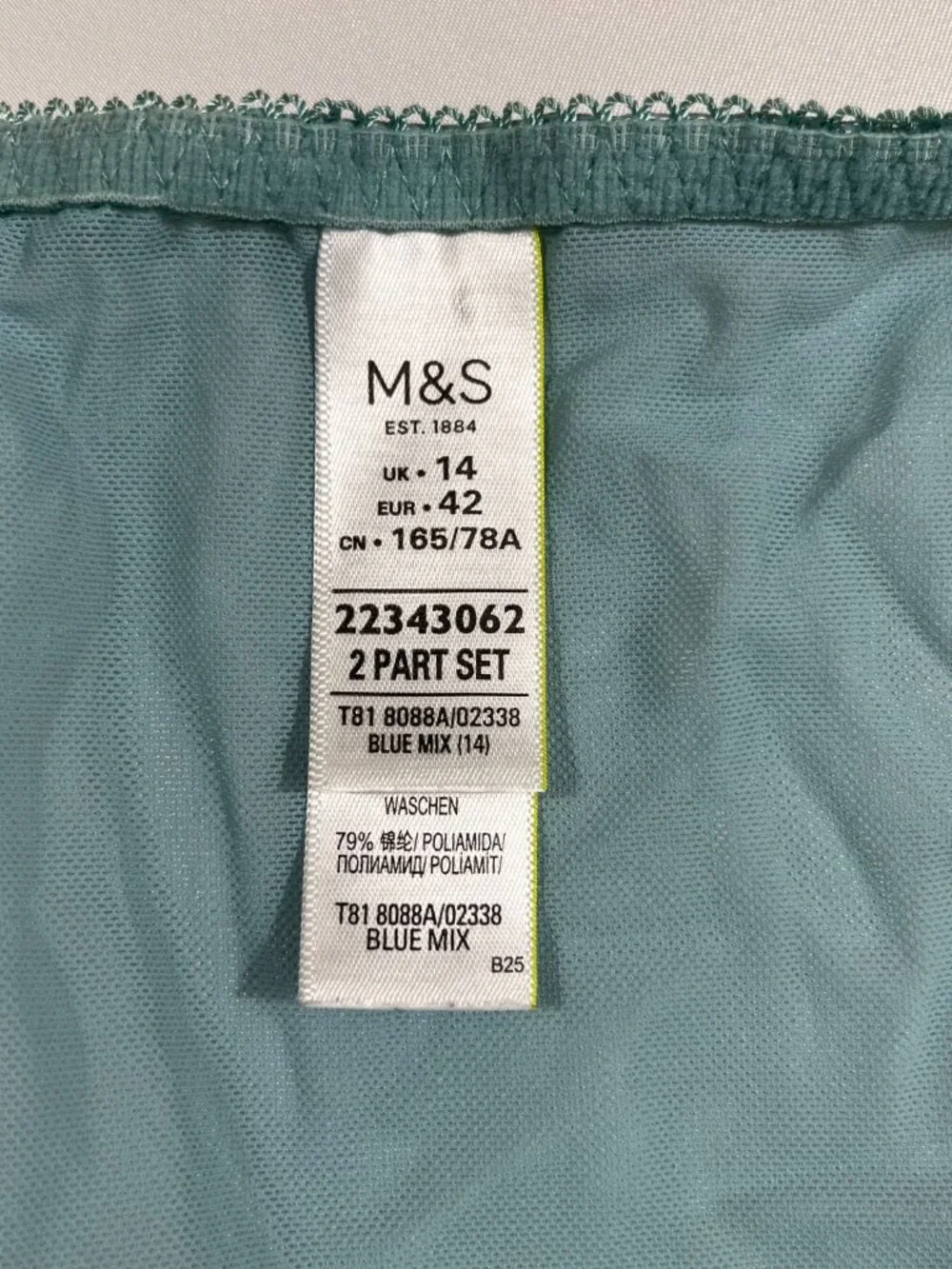 M&S Blue Floral Lace‎ Embroidery Bra & Knickers Lingerie Set 36DD UK 14